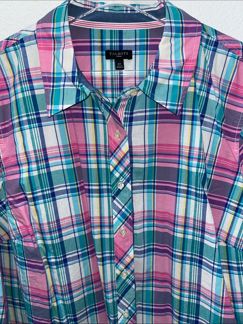 Talbots Plus Pink, Blue, Green Plaid Long-Sleeve Button-Down Shirt Sz 2x In Euc